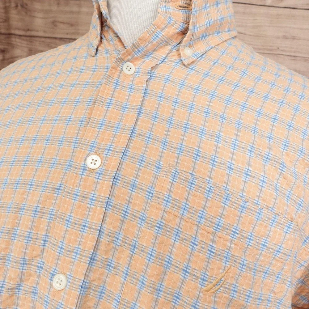Nautica Shirt Mens L Orange Plaid Short Sleeve Button-Up Seersucker Cotton Rayon